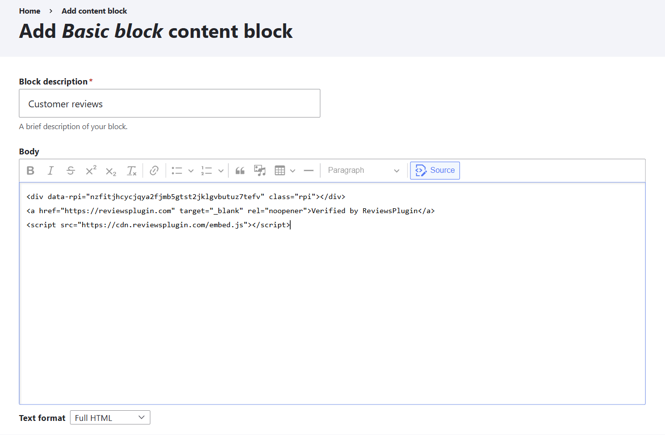 The Drupal Add Basic block content block form, with the body editor in Source view, the snippet pasted, and Text format set to Full HTML