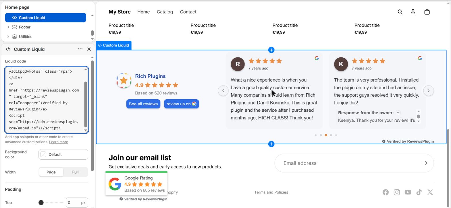 The Shopify theme editor with a second Custom Liquid section added to the Footer group, showing the rating badge rendered above the storefront footer links