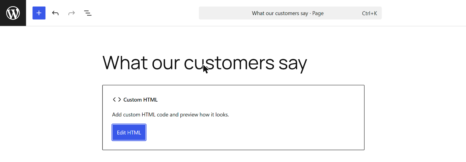 A Custom HTML block just inserted in the WordPress editor, empty, showing an Edit HTML button
