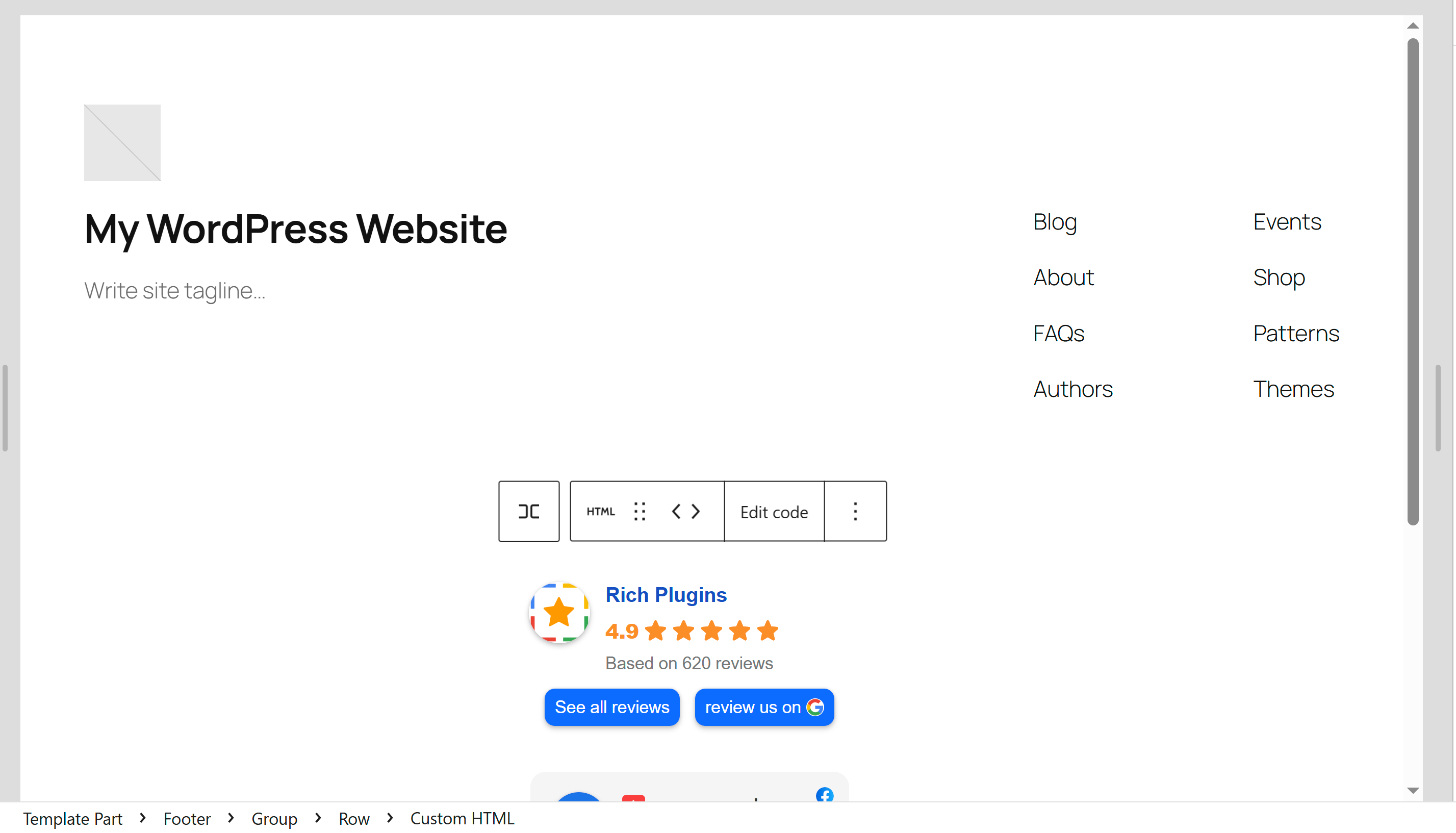 The WordPress Site Editor with the Footer template part open and a Custom HTML block inside it rendering the reviews widget; the breadcrumb reads Template Part, Footer, Group, Row, Custom HTML